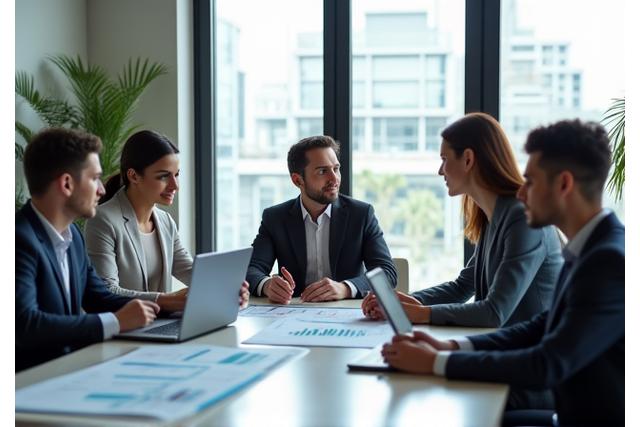 Equipo de asesores financieros conversando en una oficina luminosa, simbolizando claridad y colaboración.
