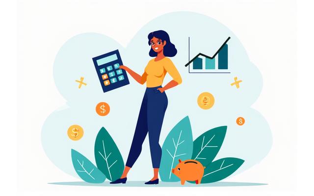 Ilustración de una persona con calculadora y monedas, representando finanzas personales.